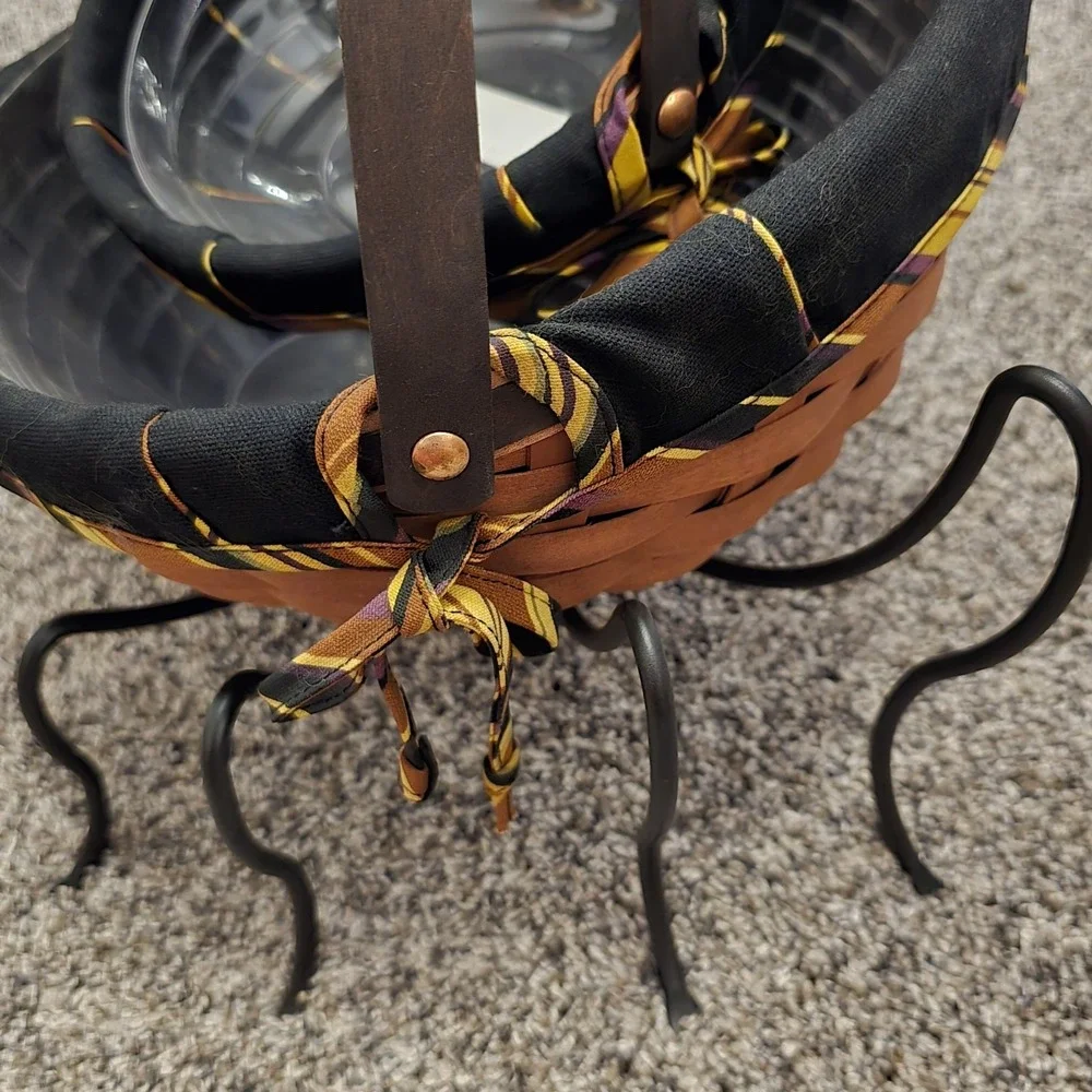 Longaberger Halloween Spider Basket Set 2006 Orange Black Wrought Iron Stand